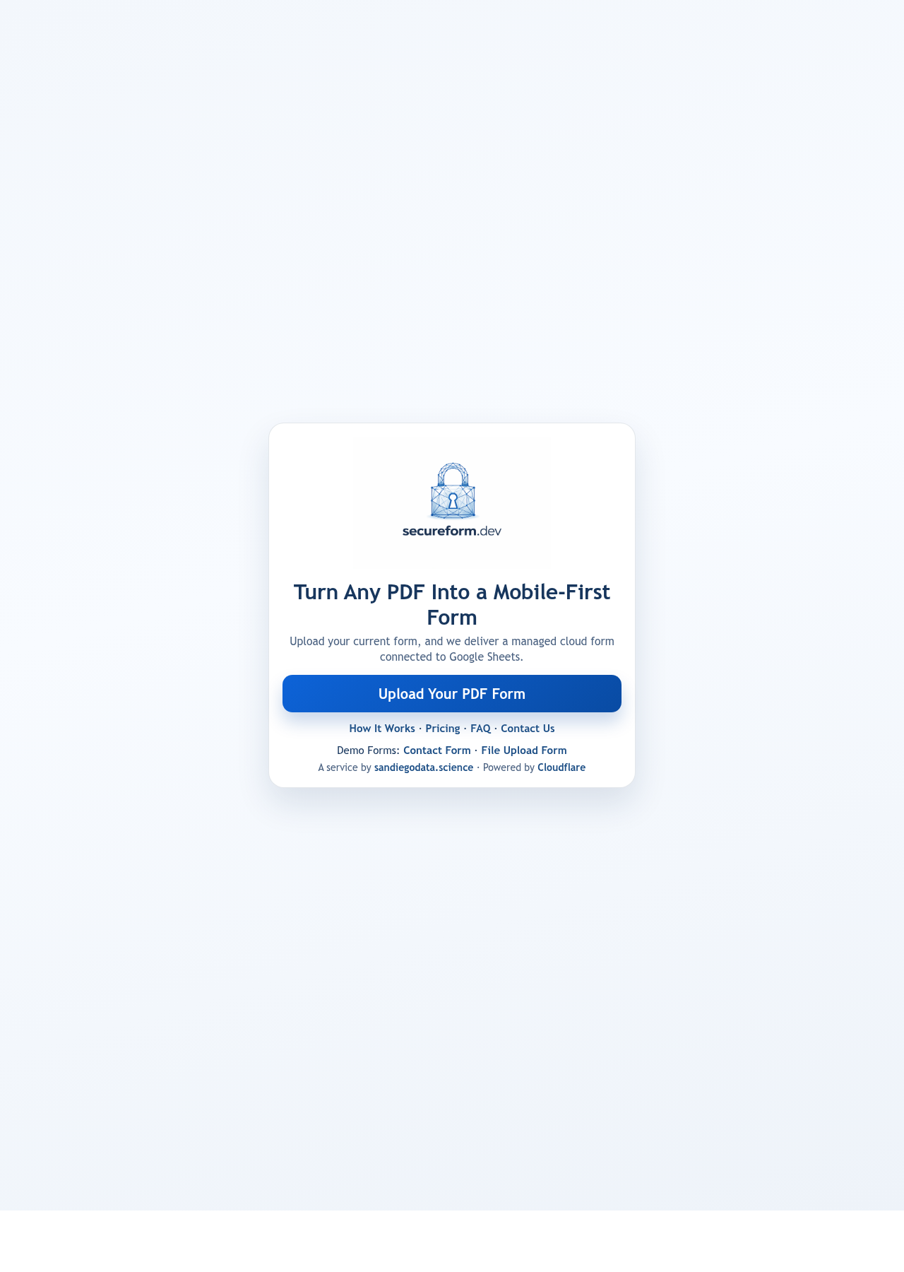SecureForm homepage with upload button for sending a PDF form
